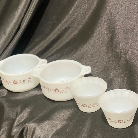 PYR-O-REY DYNAWARE Termocrisa Milk Glass Brown Daisy Ramekins (2) & Cups (2) - Picture 6 of 11